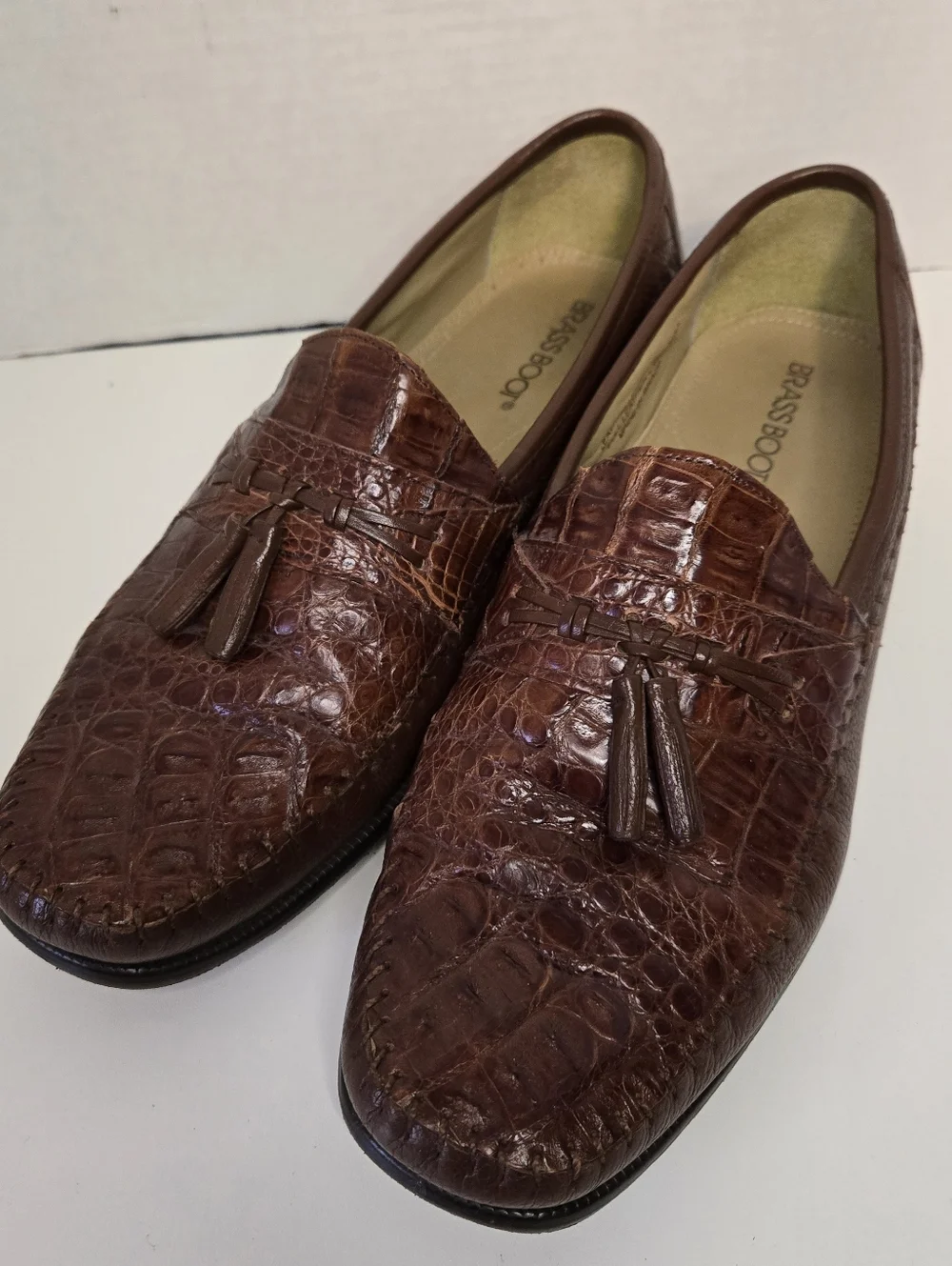 BRASS BOOT Genuine Caiman Alligator Cognac Leather Tassel Loafers - Men's 11.5